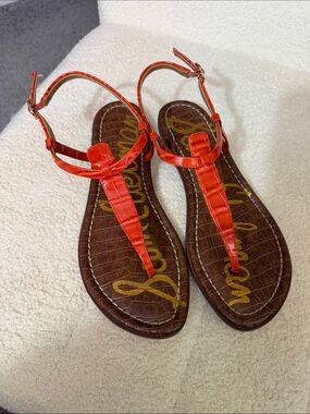 Sam Edelman Orange T-Strap Croc-Texture Sandals